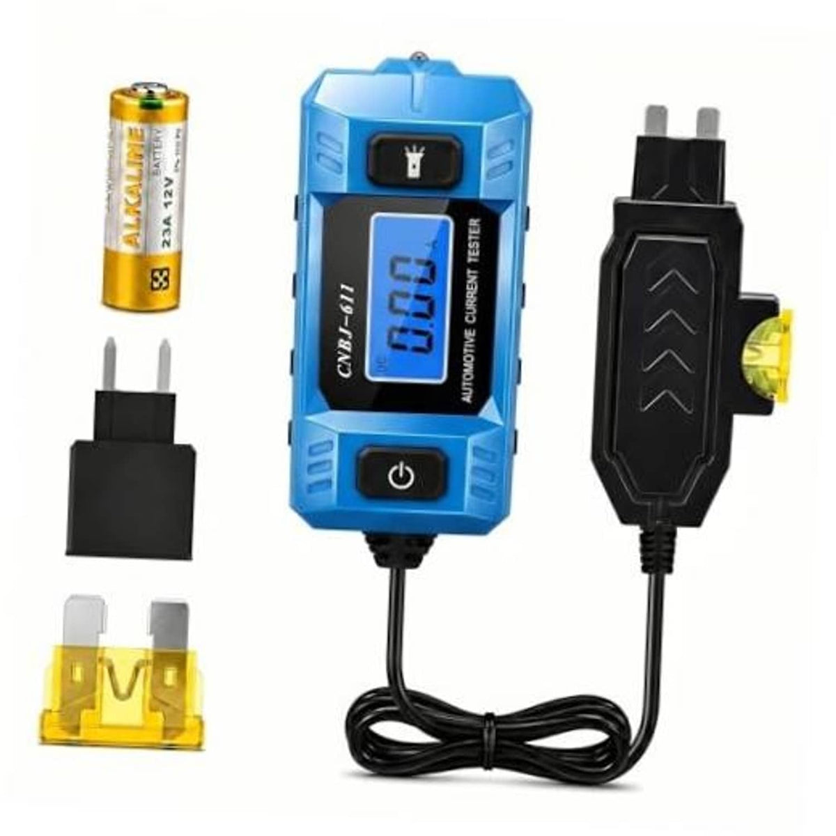 Blue automotive fuse-current tester with cables and black plug adapters set