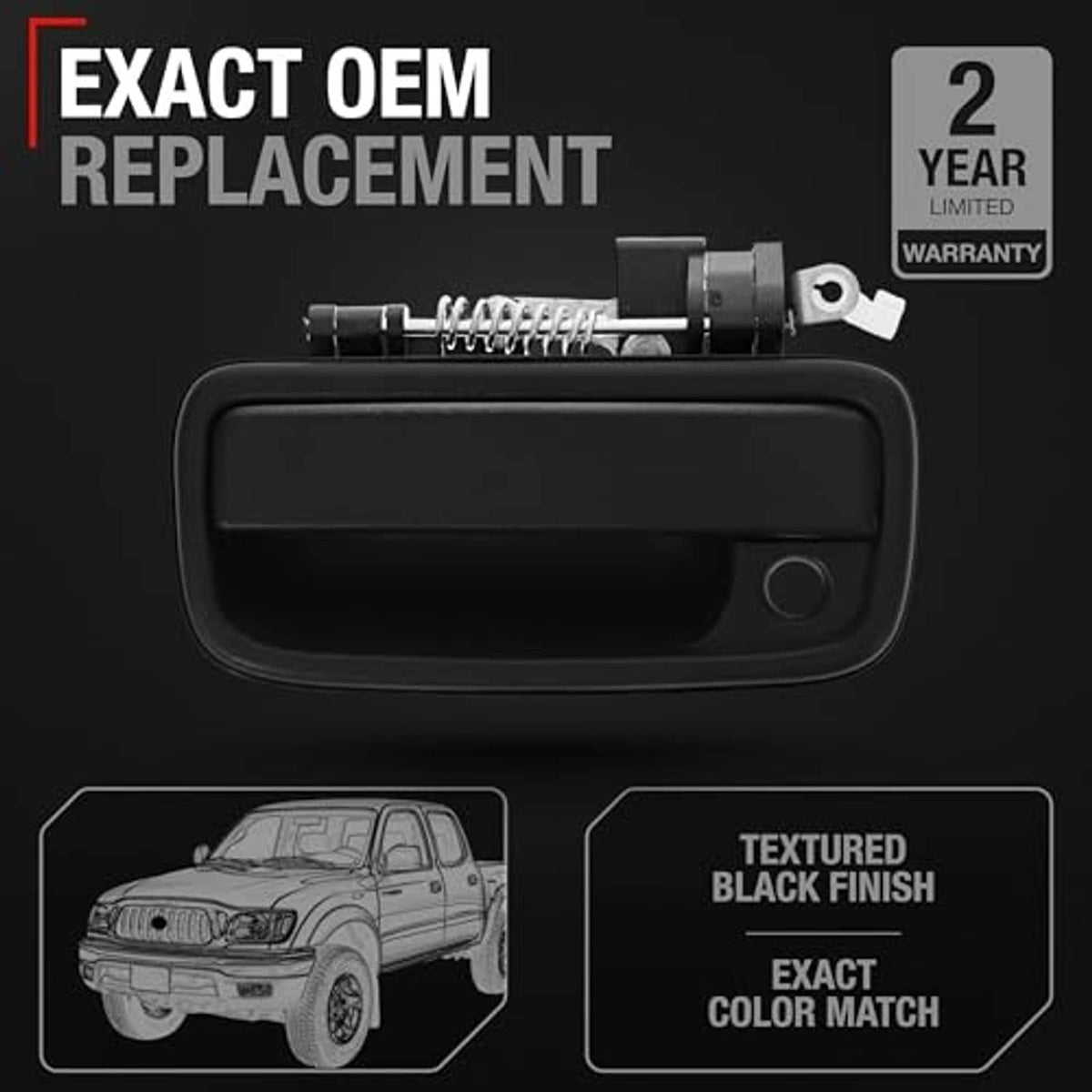 Black exterior driver door handle with spring latch, exact OEM replacement