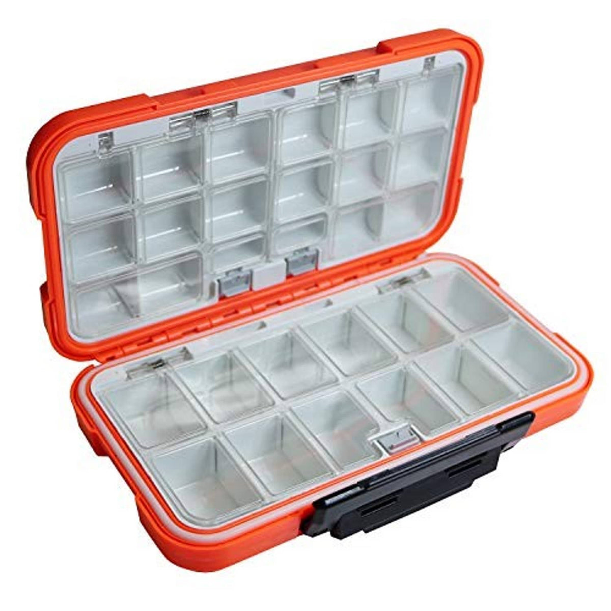 Orange tackle box open with clear lid and divided transparent storage compartments