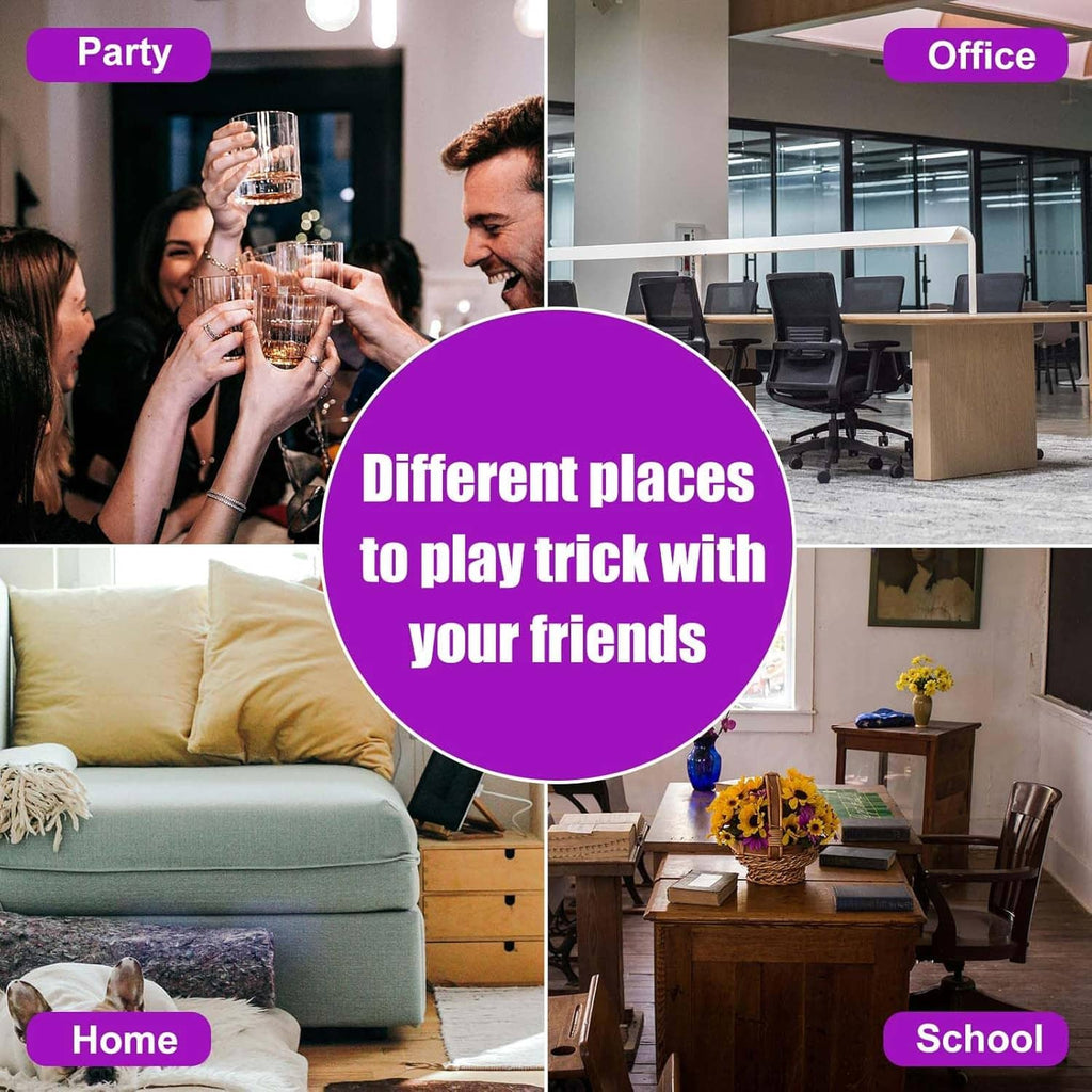 Prank cricket sound trick concept collage with room scenes and purple badge