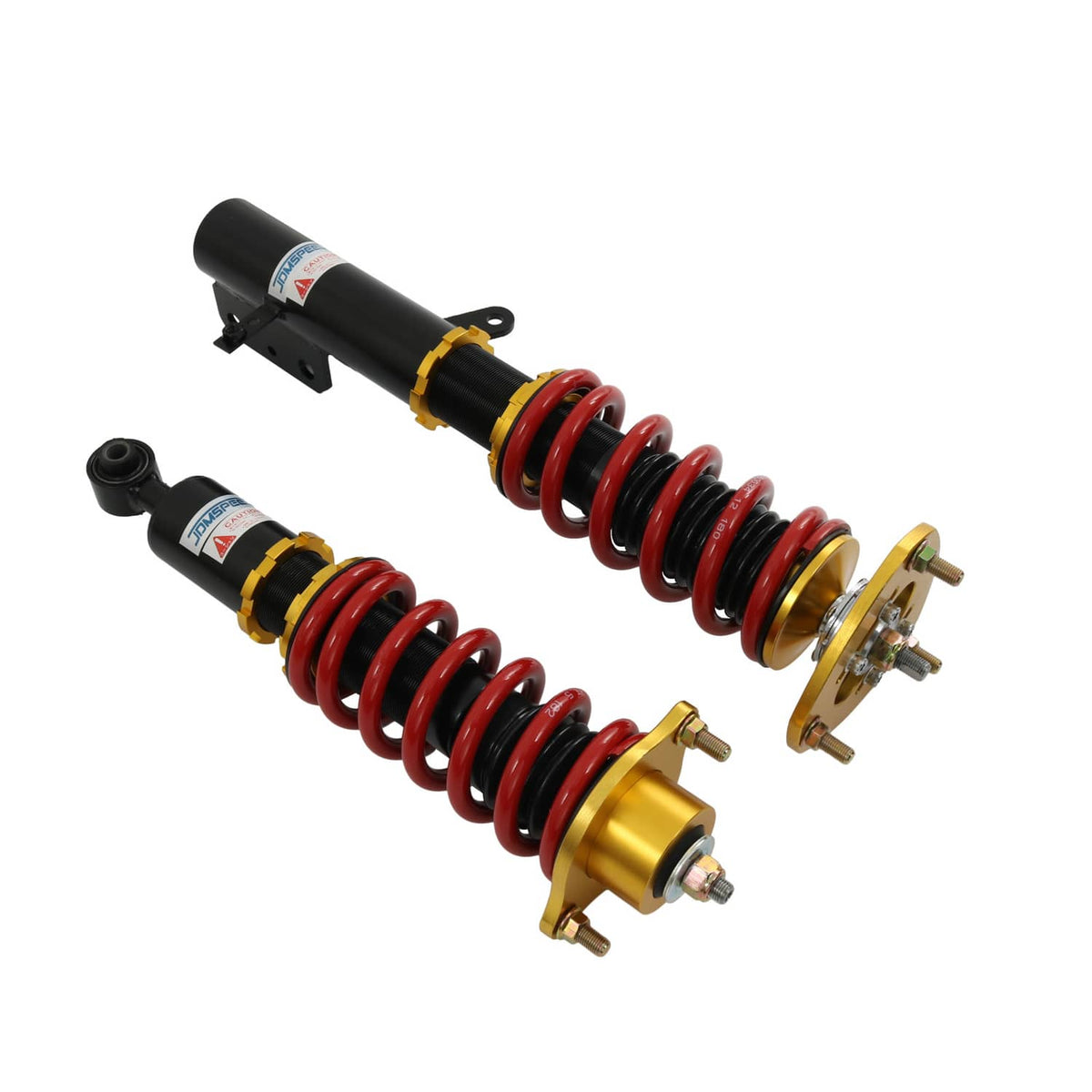 Coilover strut pair angled view with red coil springs, black dampers, and gold mounting hardware.