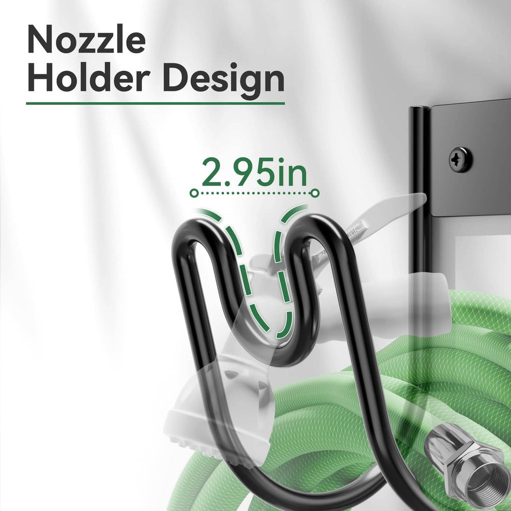 Black hose holder with two curved hooks and a nozzle cap resting over green hose