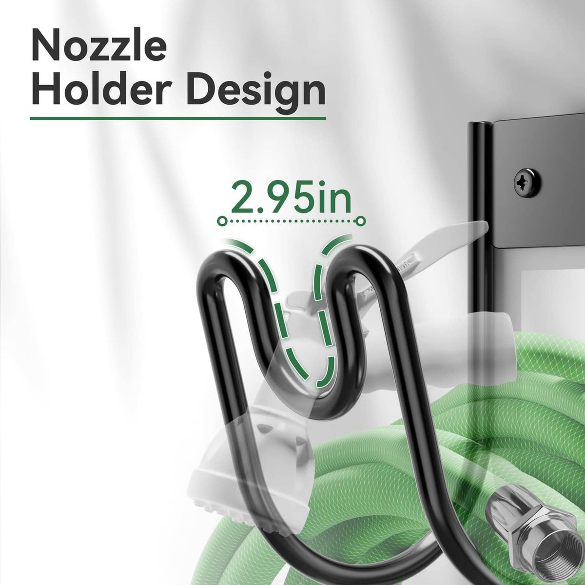 Black hose holder with two curved hooks and a nozzle cap resting over green hose