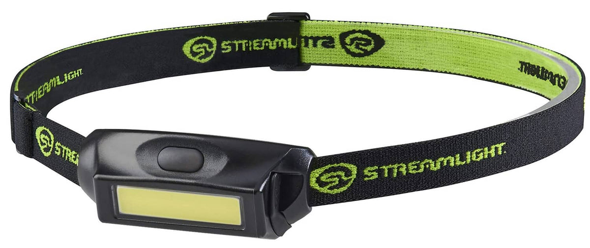 Streamlight Bandit headlamp with black-and-green elastic strap, black body and yellow window