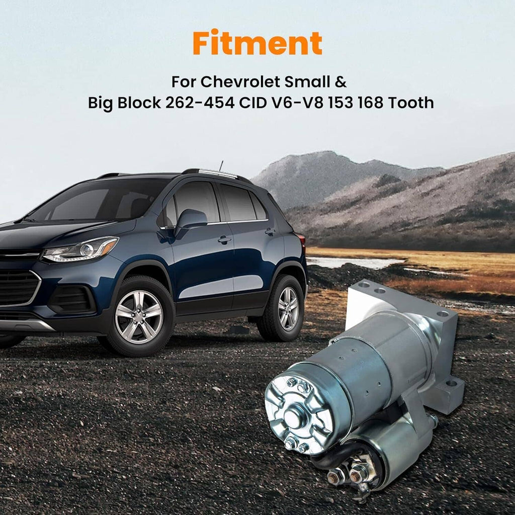 Starter motor with silver metal casing and front gear drive, angled product view