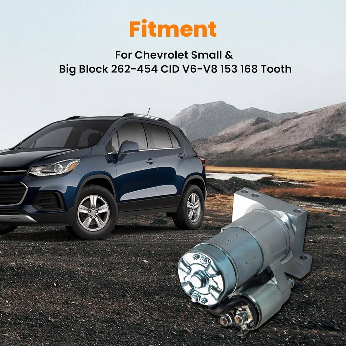 Starter motor with silver metal casing and front gear drive, angled product view