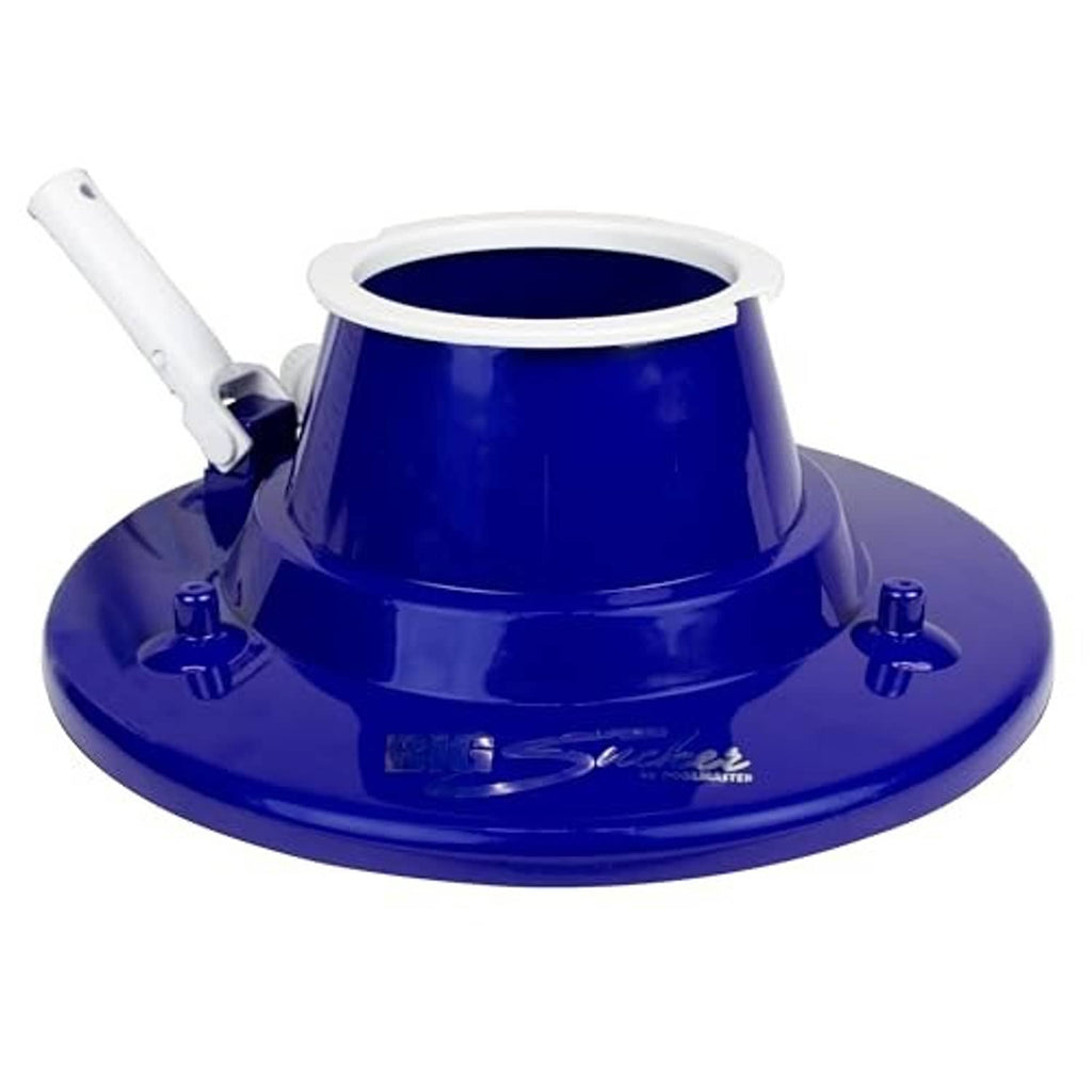 Blue pool leaf vacuum head with white inlet tube and round suction base plate