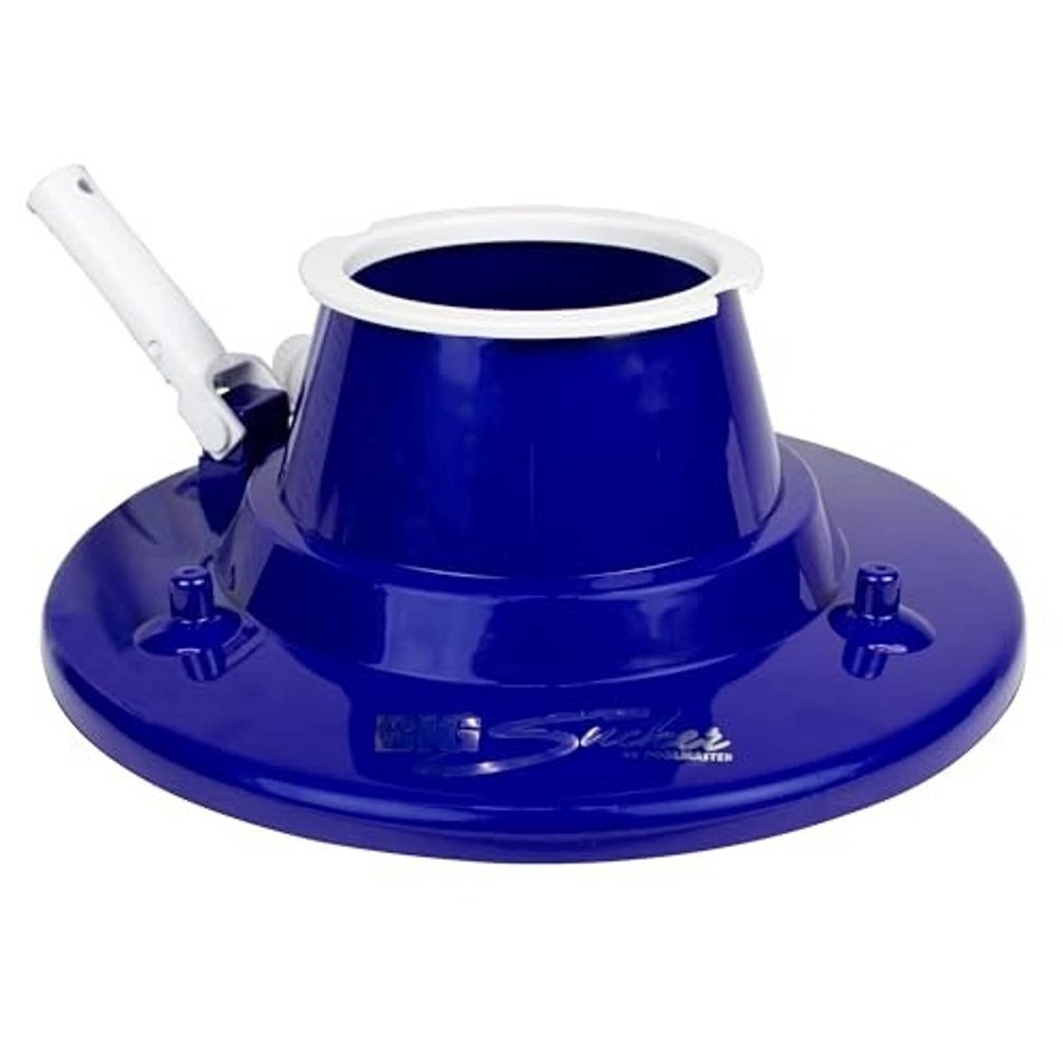 Blue pool leaf vacuum head with white inlet tube and round suction base plate