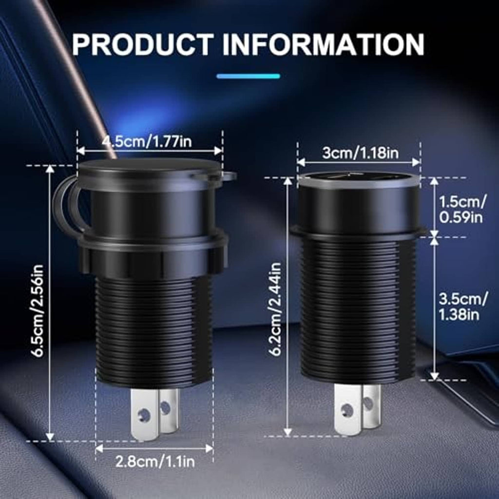 Black car charger with retractable USB socket, height and width measurement view