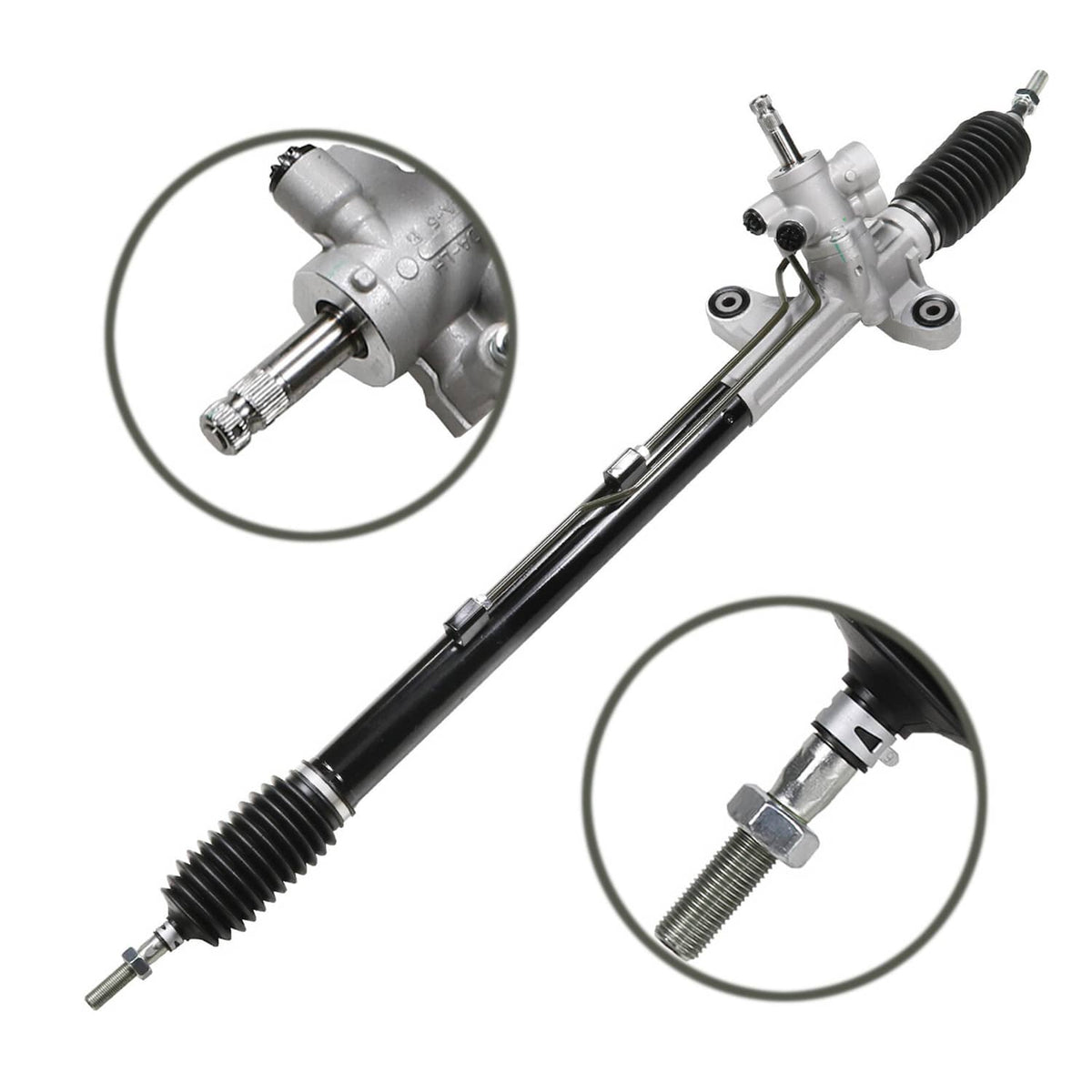 Power steering rack and pinion assembly with black boots and silver tie rod ends
