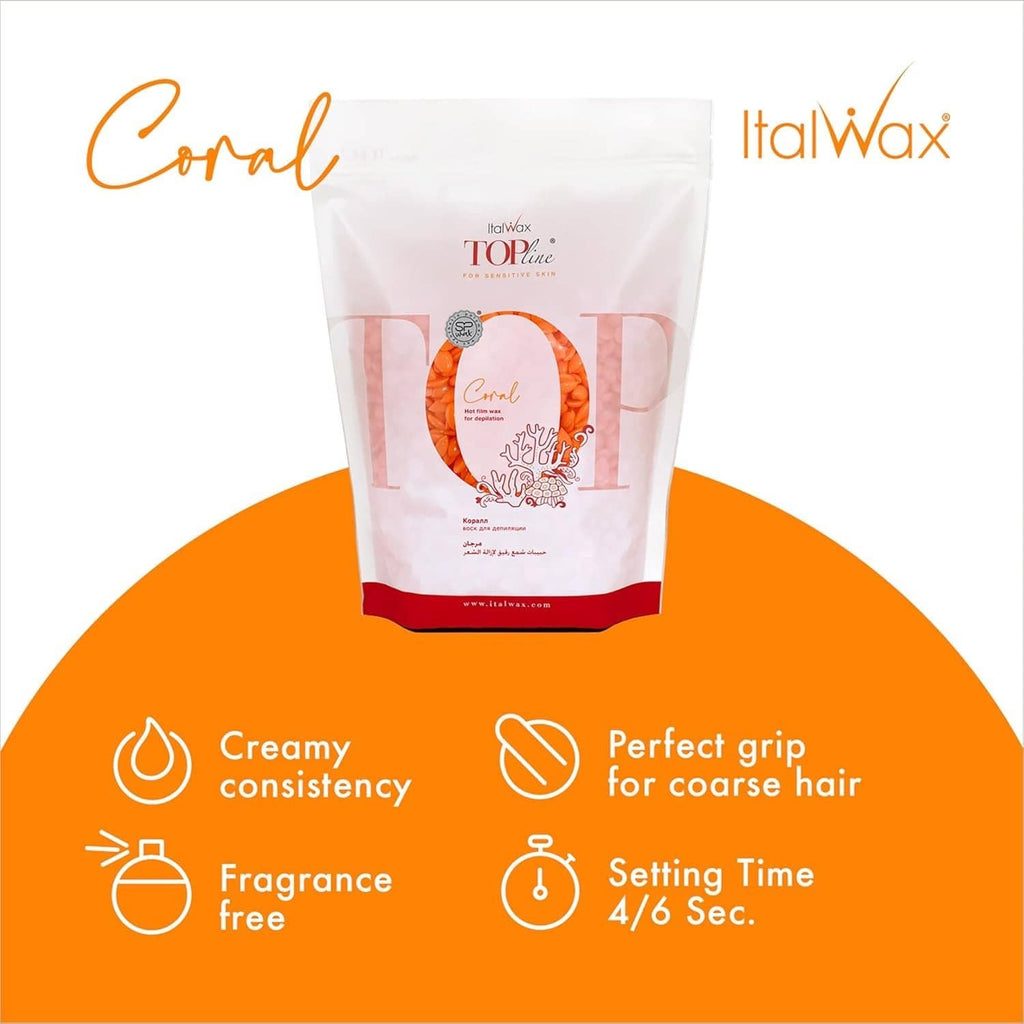 Coral hard wax beads pouch with orange label icons for creamy consistency and grip.
