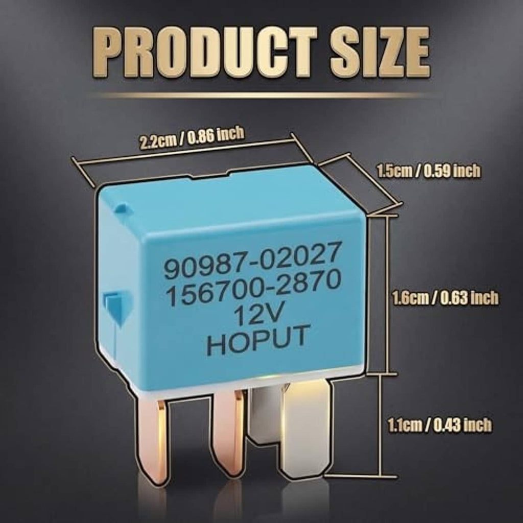 Blue 4-pin AC relay with prongs, labeled '12V HOPUT' and dimension markings