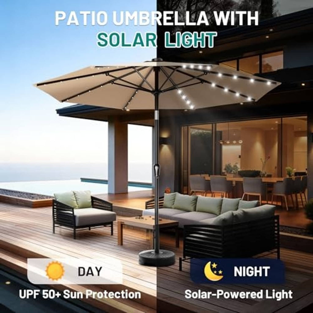 Beige patio umbrella with solar-powered light string across the canopy