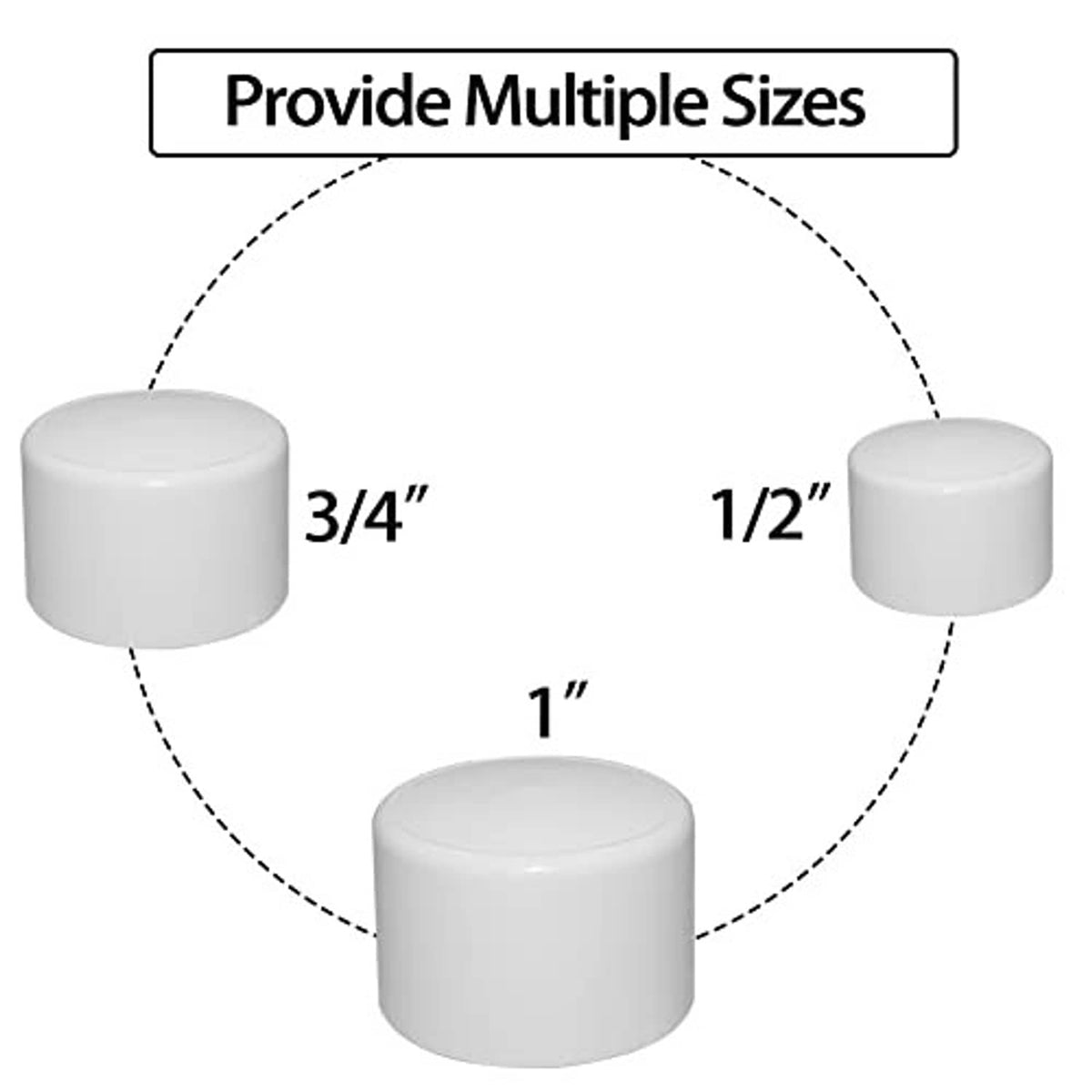 White PVC pipe end caps in multiple sizes, cylindrical slip-on end plugs