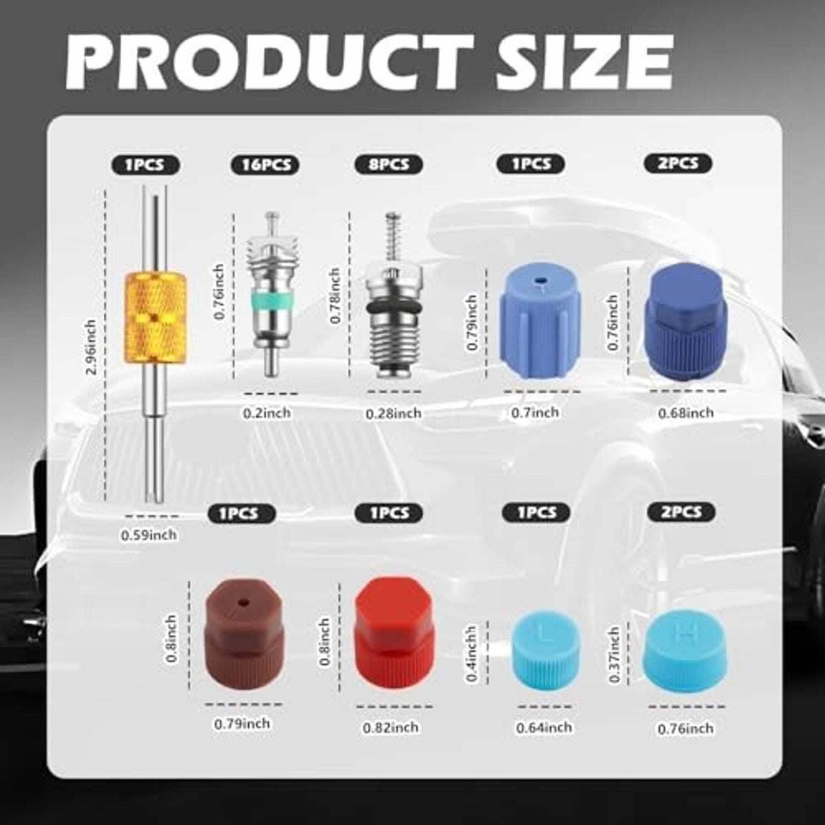 Car AC valve core set with amber tool and multiple colored caps shown on a size chart background