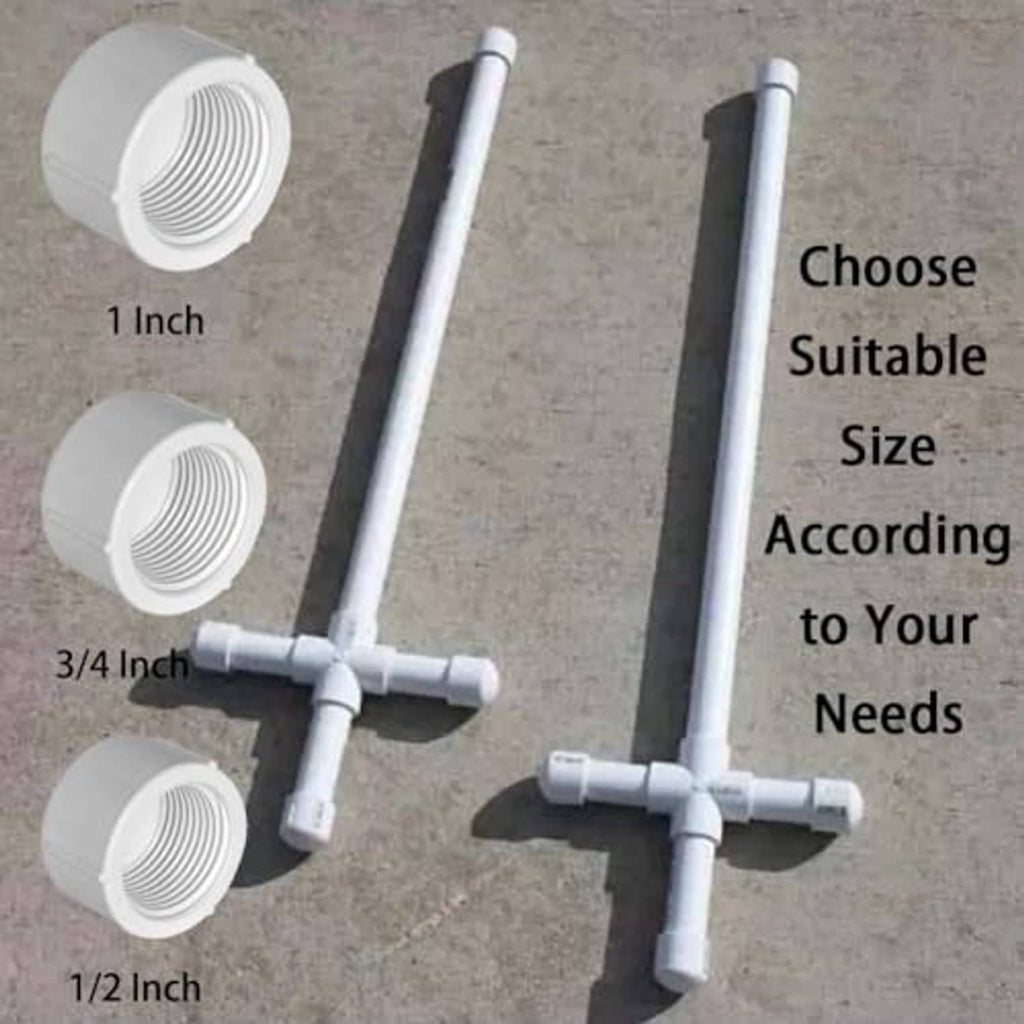 PVC female end cap plugs with internal threads, shown with small pipe sections