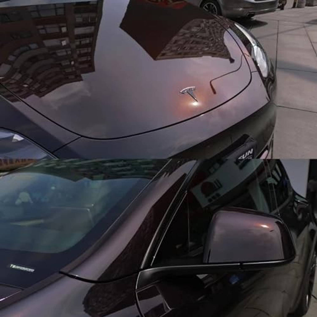 Black-to-red gloss chrome vinyl wrap close-up on hood and side mirror reflections