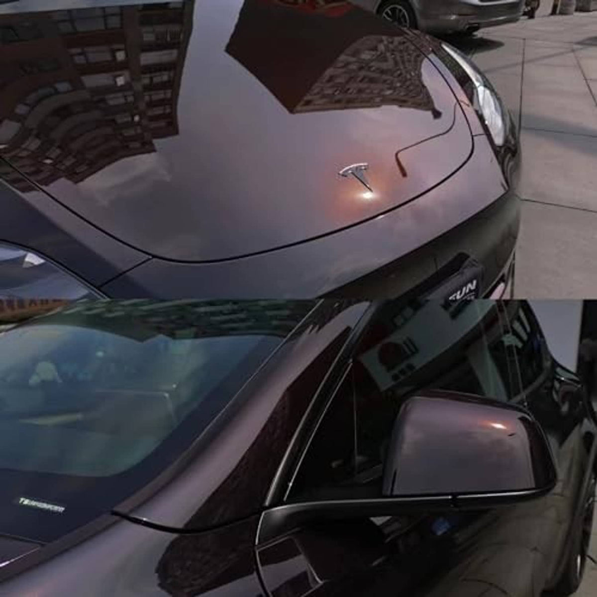 Black-to-red gloss chrome vinyl wrap close-up on hood and side mirror reflections