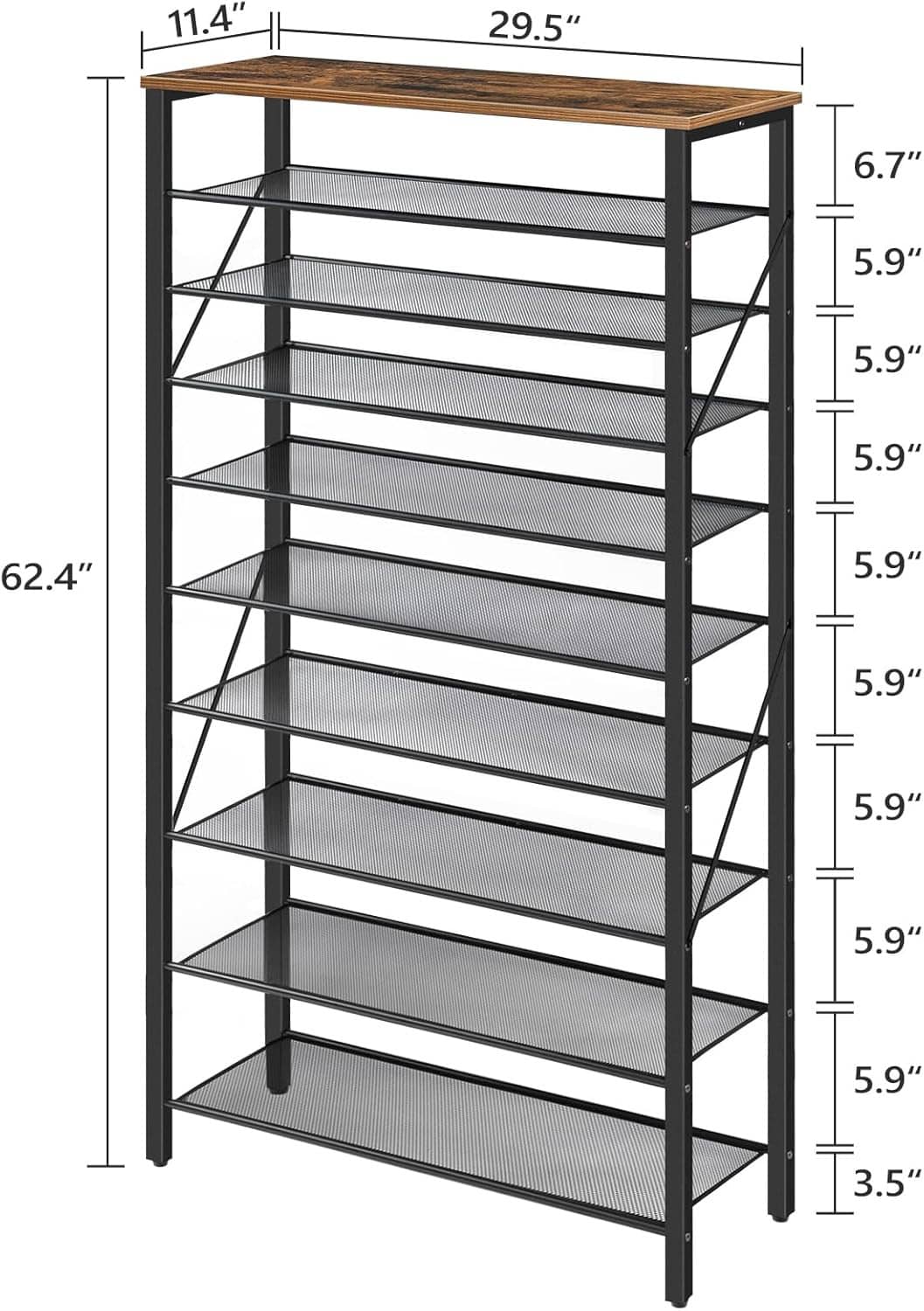 10-tier shoe rack organizer dimensions view: black metal frame, gray shelves, wood top.