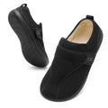 Black men's wide slip-on slippers with adjustable strap and fuzzy inner lining