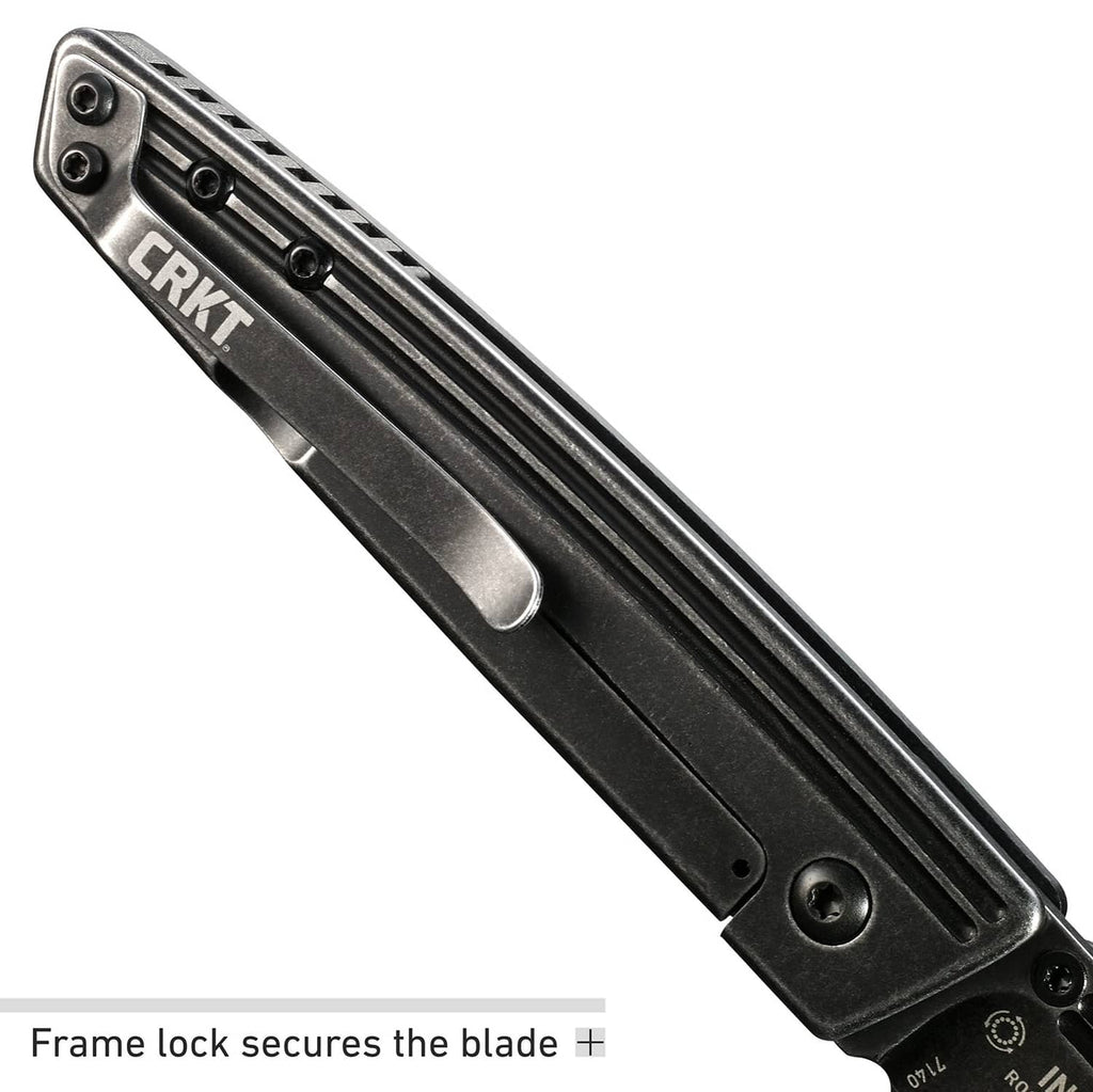 CRKT Inara folding knife back view, black handle with pocket clip and frame lock
