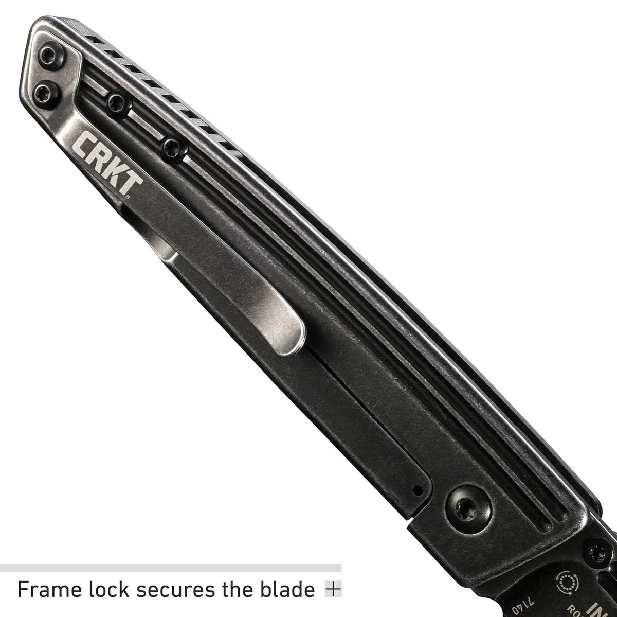 CRKT Inara folding knife back view, black handle with pocket clip and frame lock
