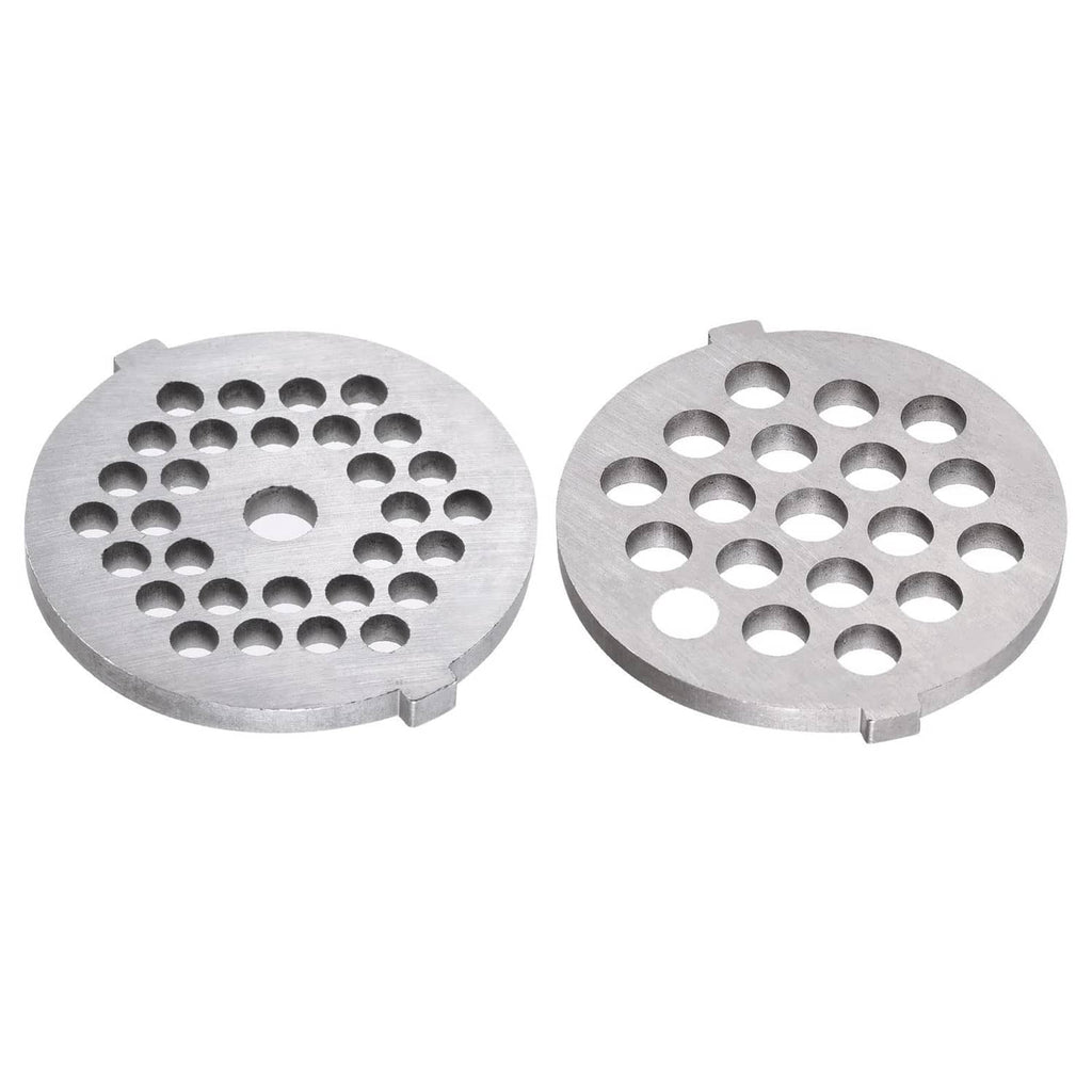 Two circular meat grinder plates with fine perforations, silver metal finish