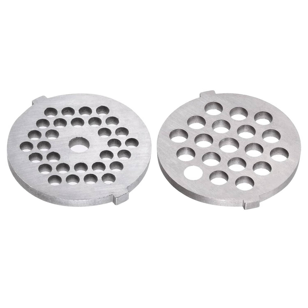 Two circular meat grinder plates with fine perforations, silver metal finish