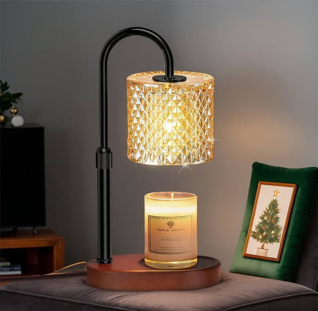 Black candle warmer lamp with diamond glass shade and lit jar candle on base