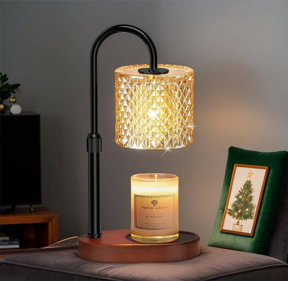Black candle warmer lamp with diamond glass shade and lit jar candle on base