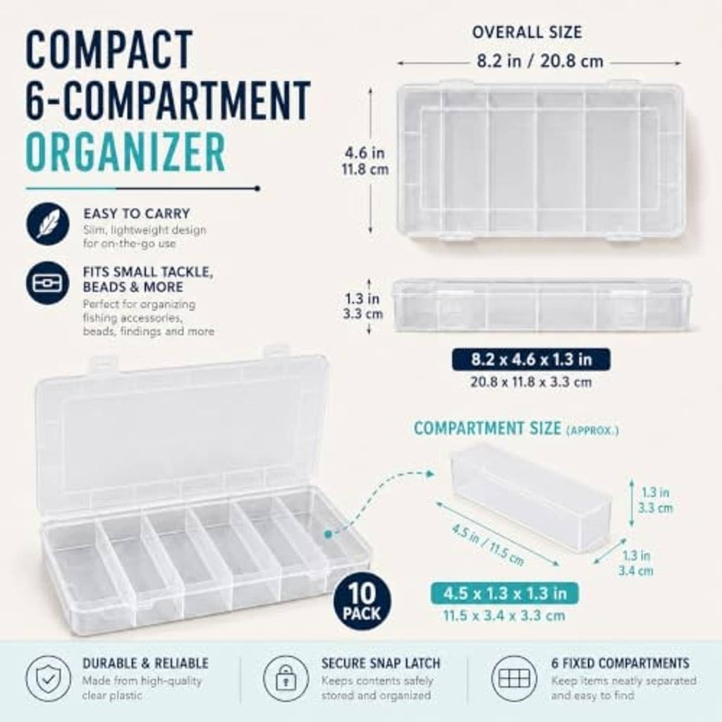 Clear 6-compartment organizer with snap-lid and internal divider grid, transparent