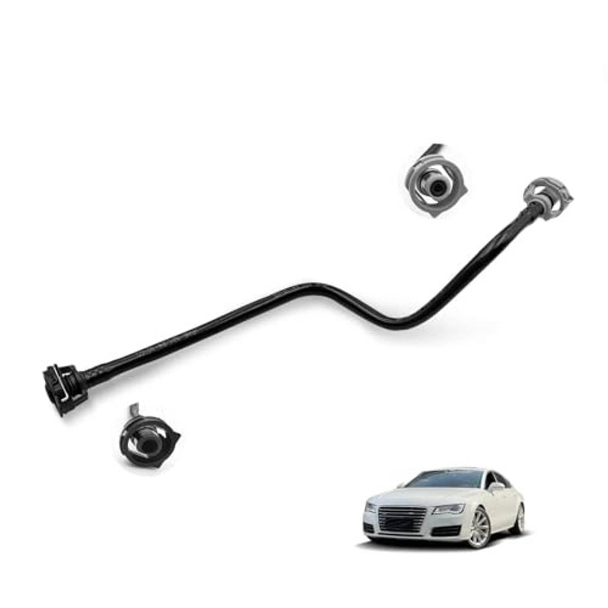 Black coolant hose assembly with two metal fittings and curved center section