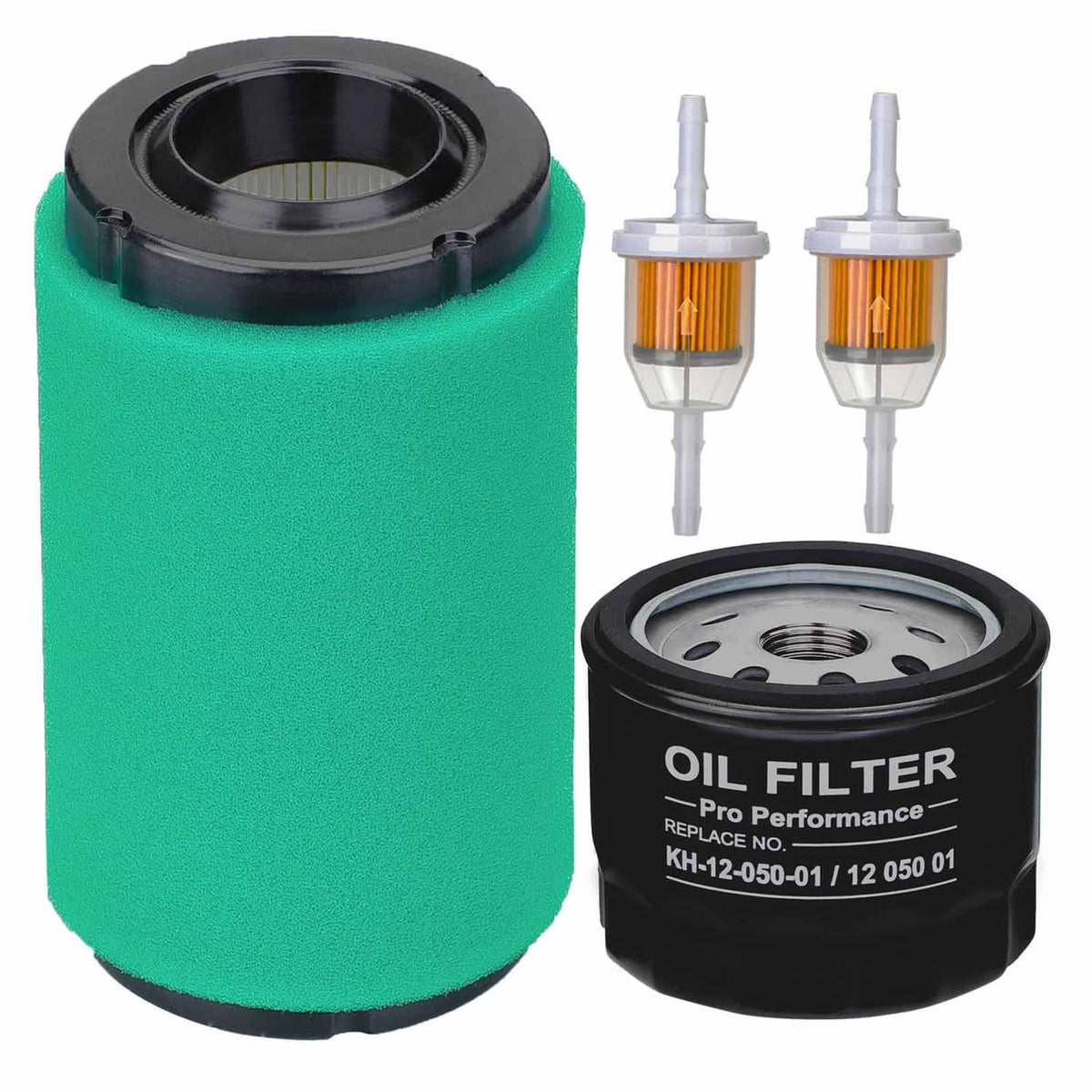 Green foam air filter with black oil filter and two small cartridge filters.