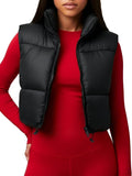 Women's cropped black puffer vest with stand collar and full zip front, sleeveless.