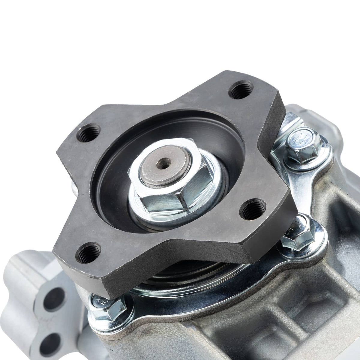 Transfer case front housing with black gasket ring and silver mounting plate detail