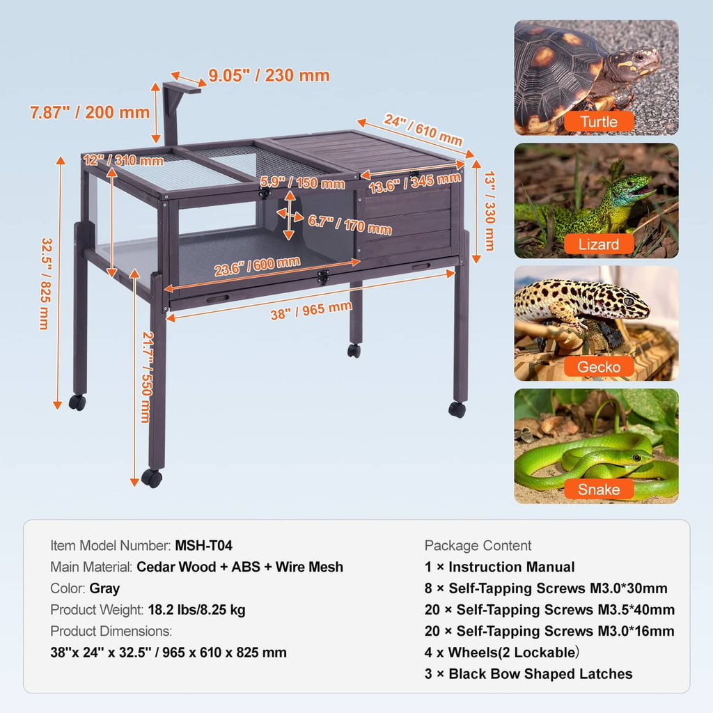 Gray wooden tortoise habitat with two rooms, metal mesh top, and rolling base