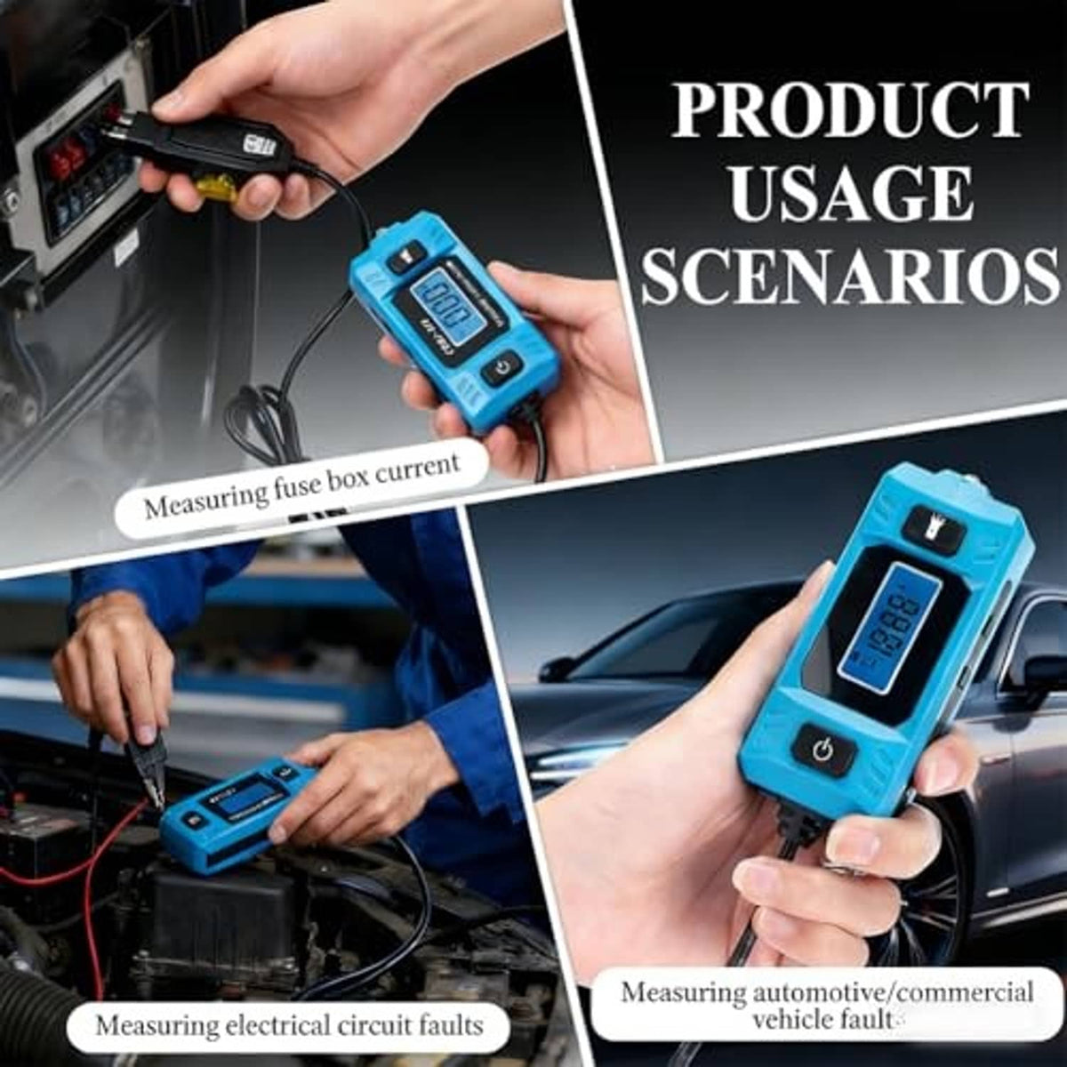 Blue current fault tester measuring electrical circuits; probe leads connected to vehicle