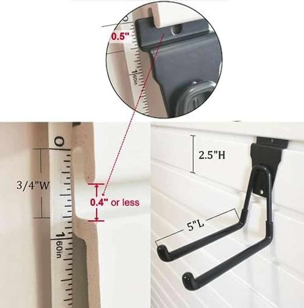 Black slatwall J-hook size shown: 2.5 in height, 5 in length