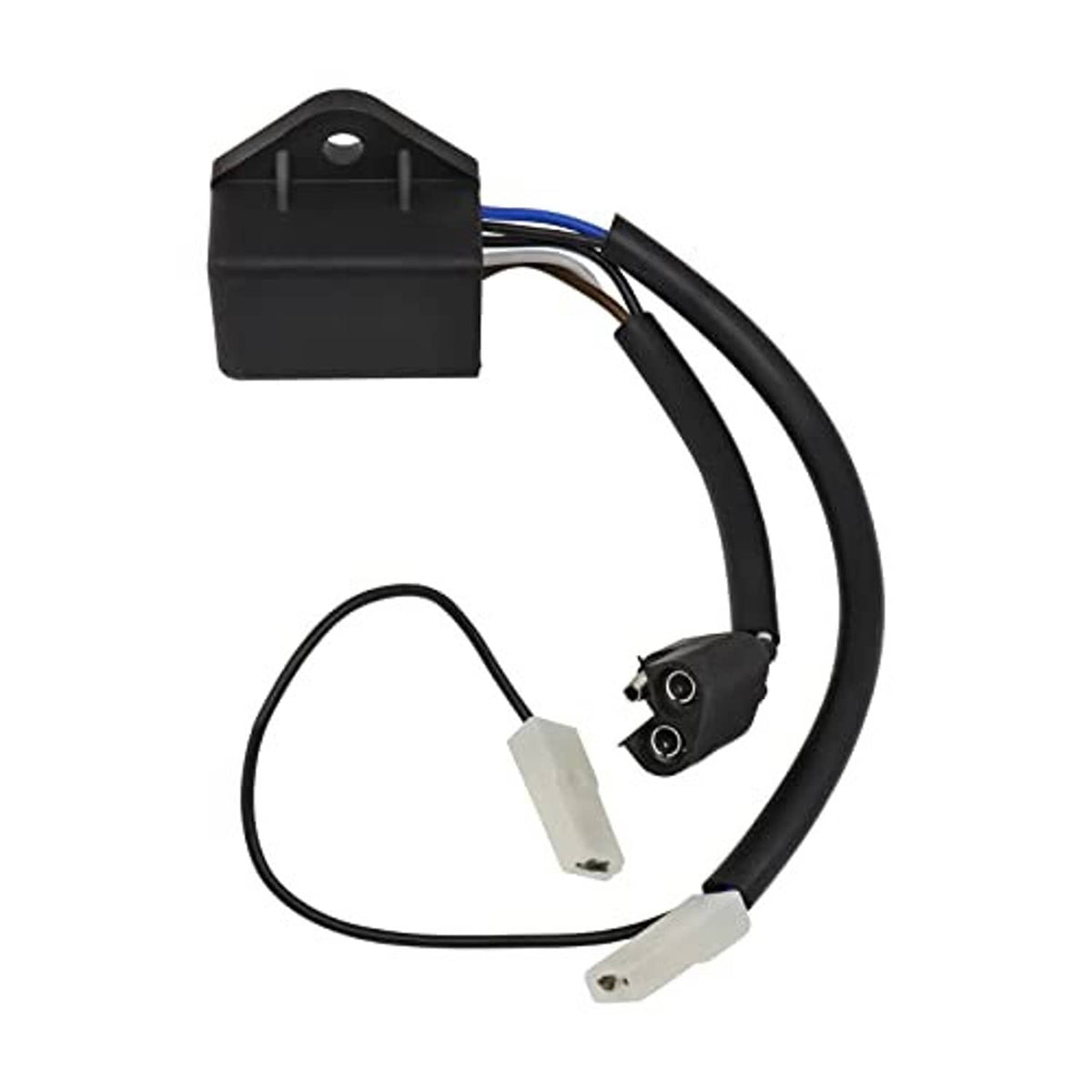 Black CDI ignition box with attached wiring and plug connectors