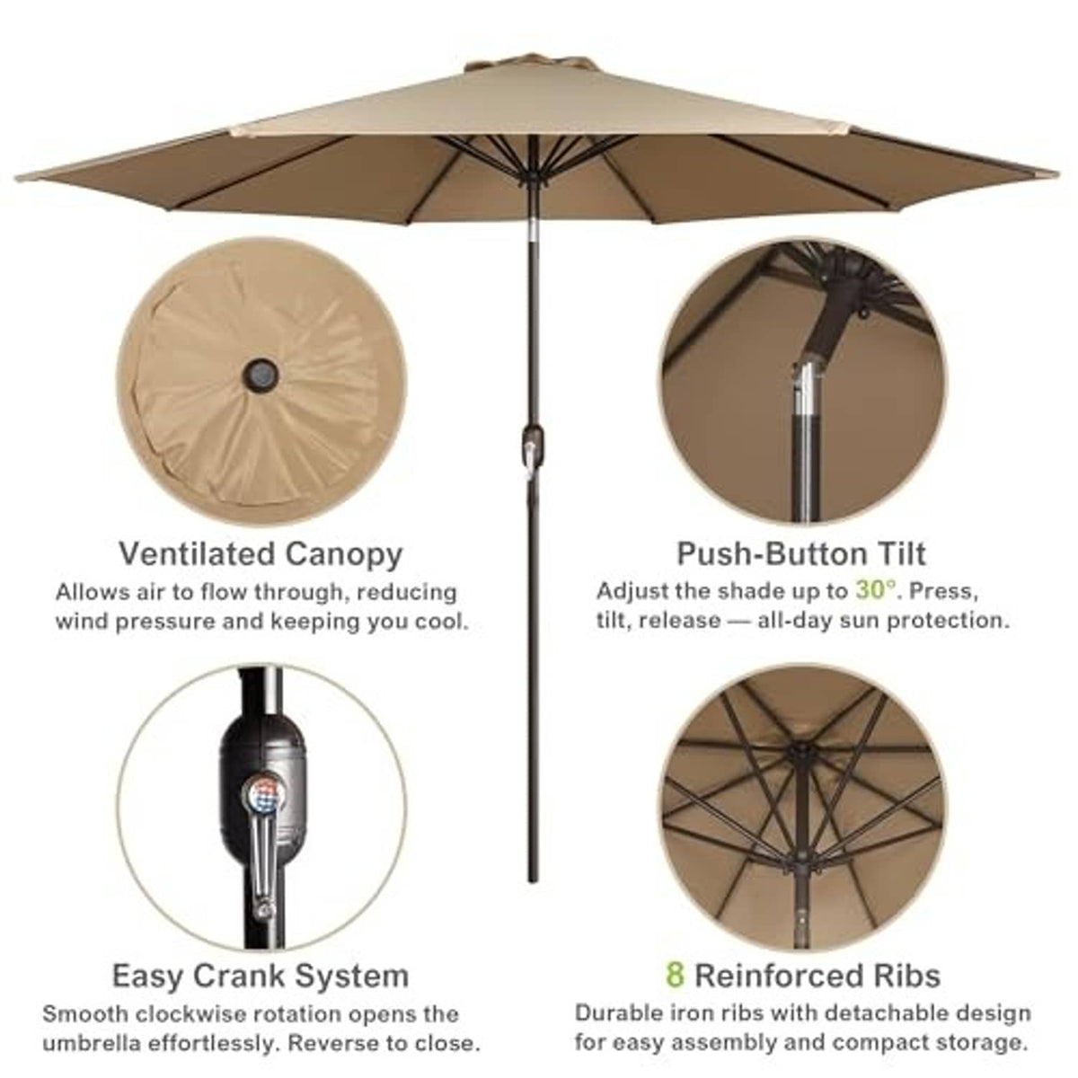 10ft outdoor patio umbrella with market tan canopy and central tilt pole