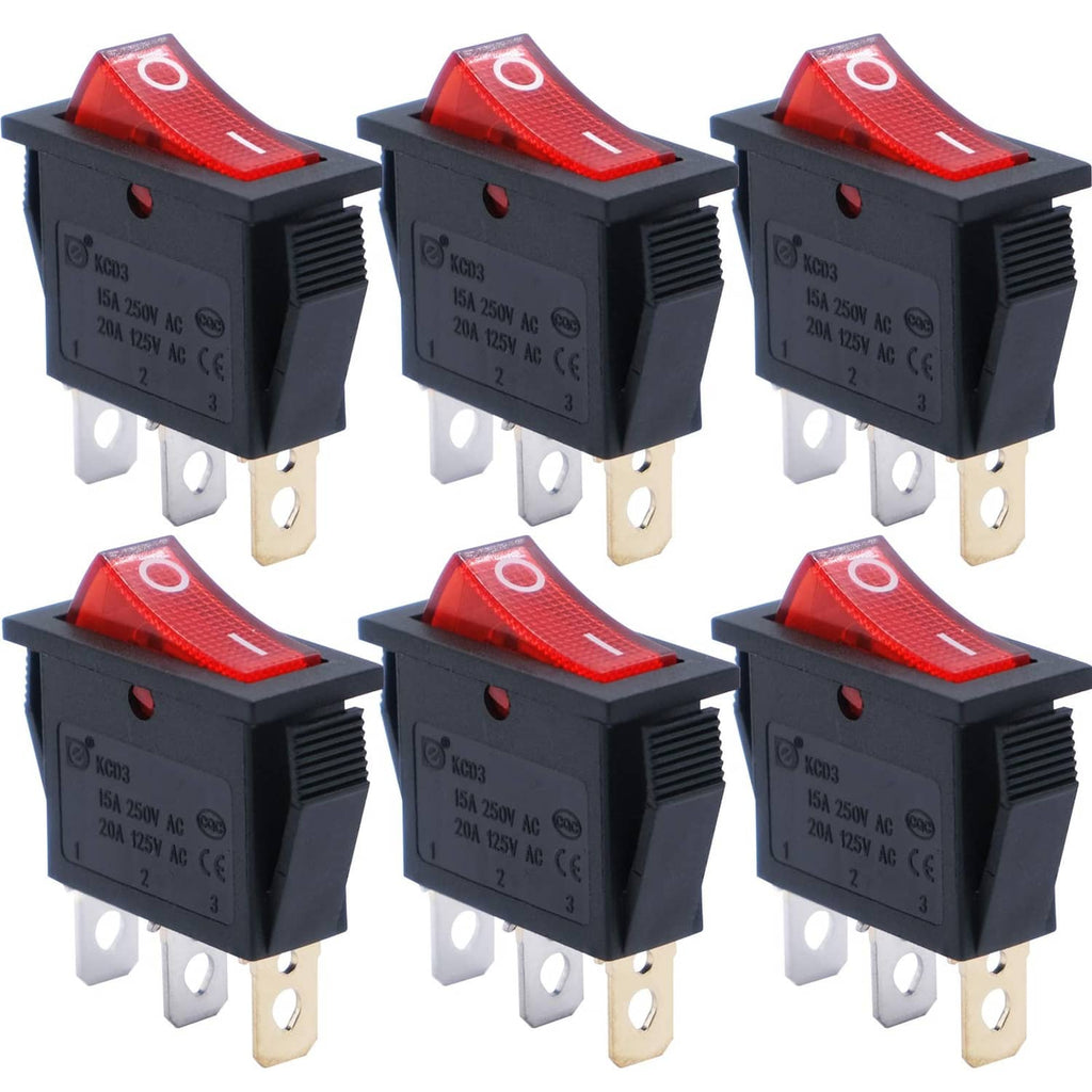 Illuminated red rocker snap-in switches, black housing, metal terminals, 6-pack