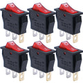 Illuminated red rocker snap-in switches, black housing, metal terminals, 6-pack