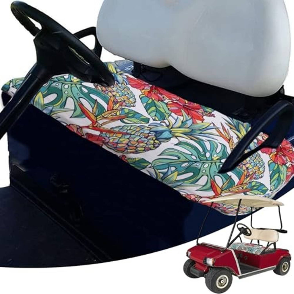 Golf cart seat cover blanket in multicolor tropical print with curved seat panels