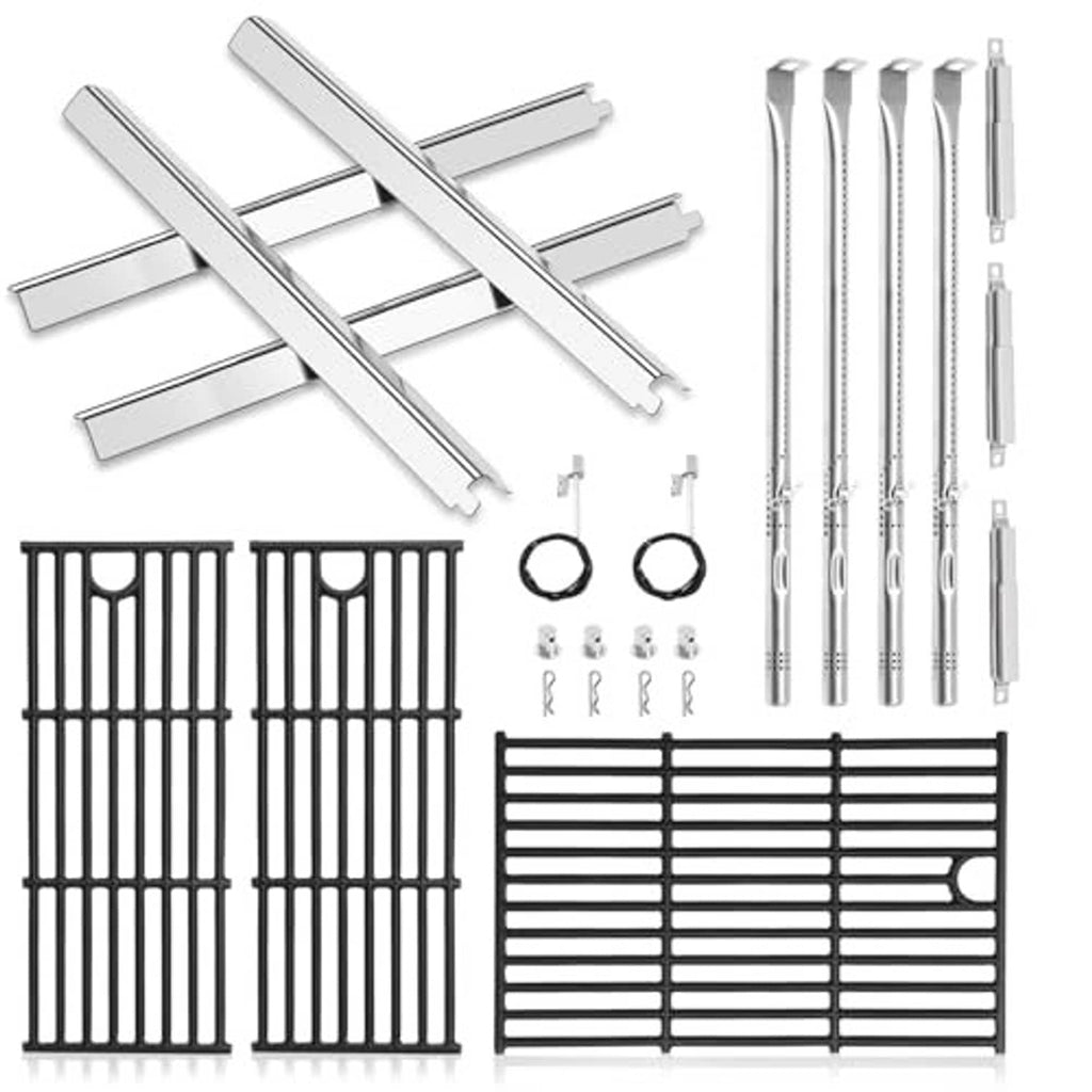 Grill burner replacement kit with stainless tubes, O-rings, screws, and grate panels