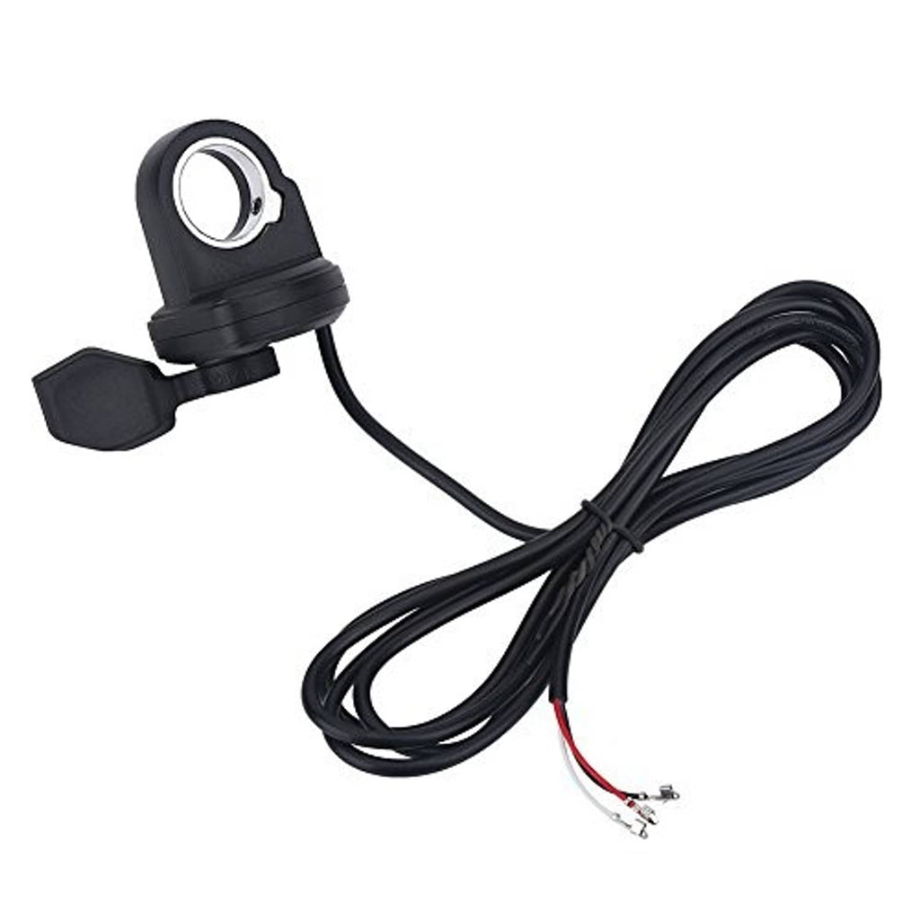 Bike thumb throttle with black cable sheath and wiring connector ends