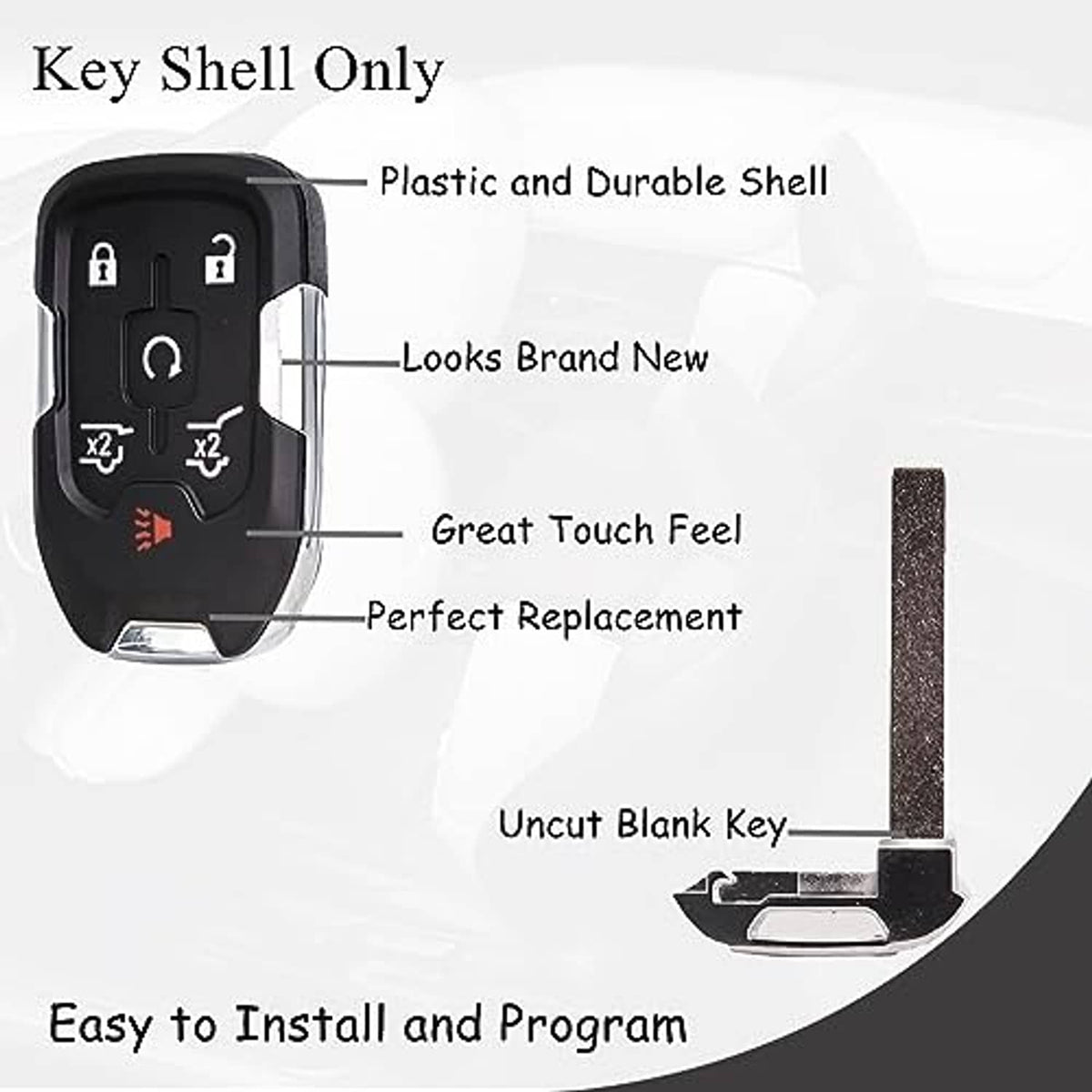 Black key fob shell replacement with key blank and front button icon panel
