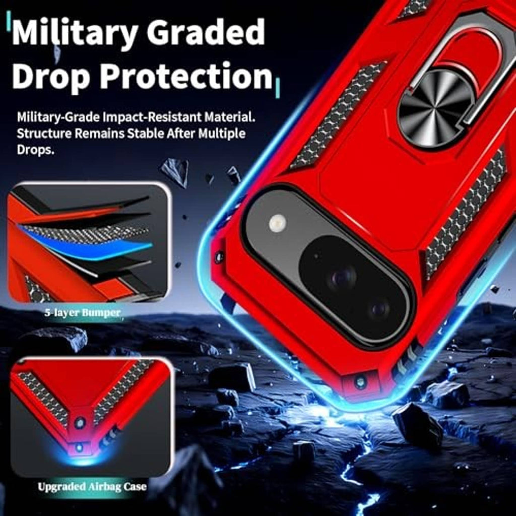 Red rugged phone case with reinforced corner edges and metal ring, centered over dual cameras
