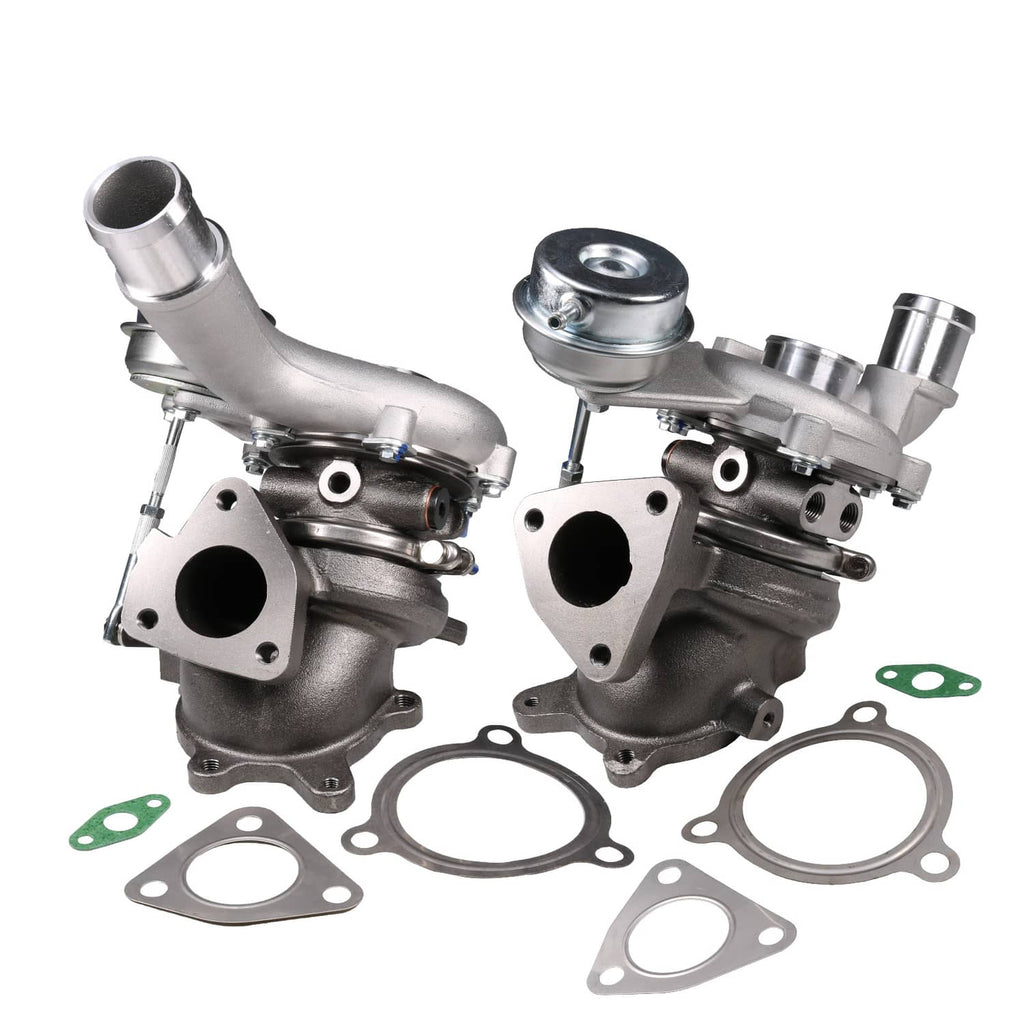 Pair of silver turbocharger assemblies with mounting gaskets and O-ring seals