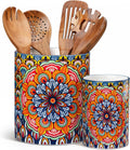 Bohemian porcelain utensil holder set with colorful floral mandala pattern and blue rims