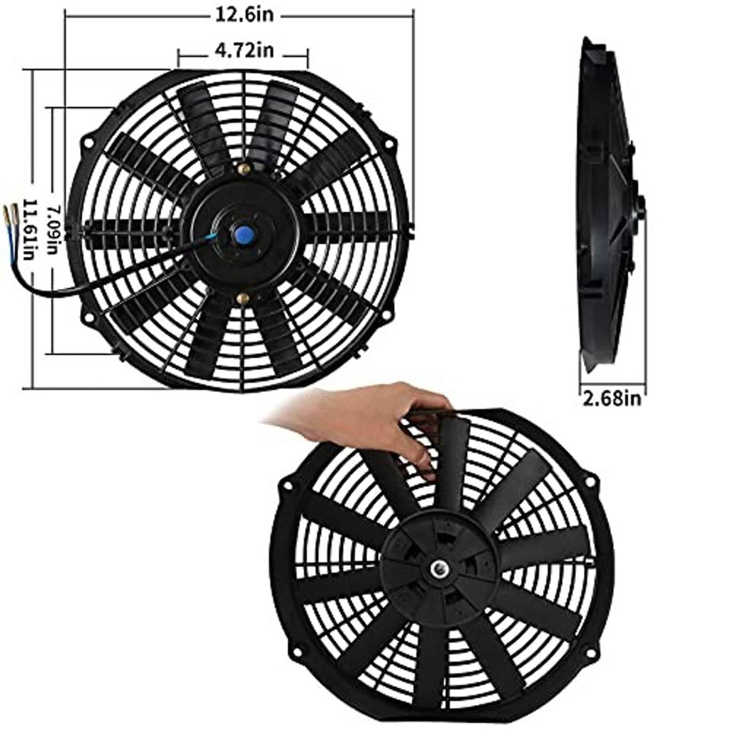 Black 12-inch radiator cooling fan with circular grille; compact 2.68 in housing